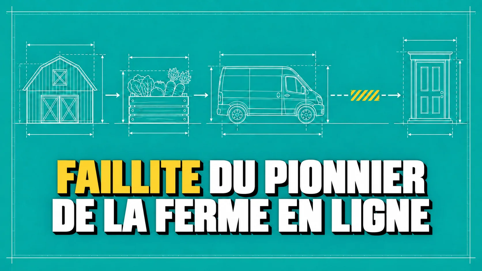 Dessin technique d’une ferme, d’une caisse, d’une camionnette et d’une porte, avec liaison interrompue.