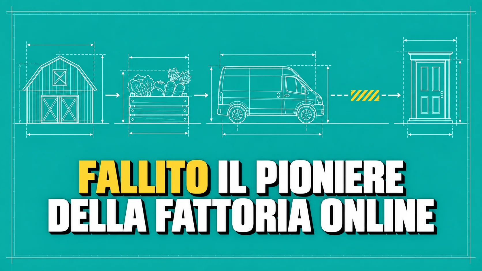 Disegno tecnico su carta blu verde: fattoria, cassetta, furgone e porta di casa collegati da una linea che si interrompe.