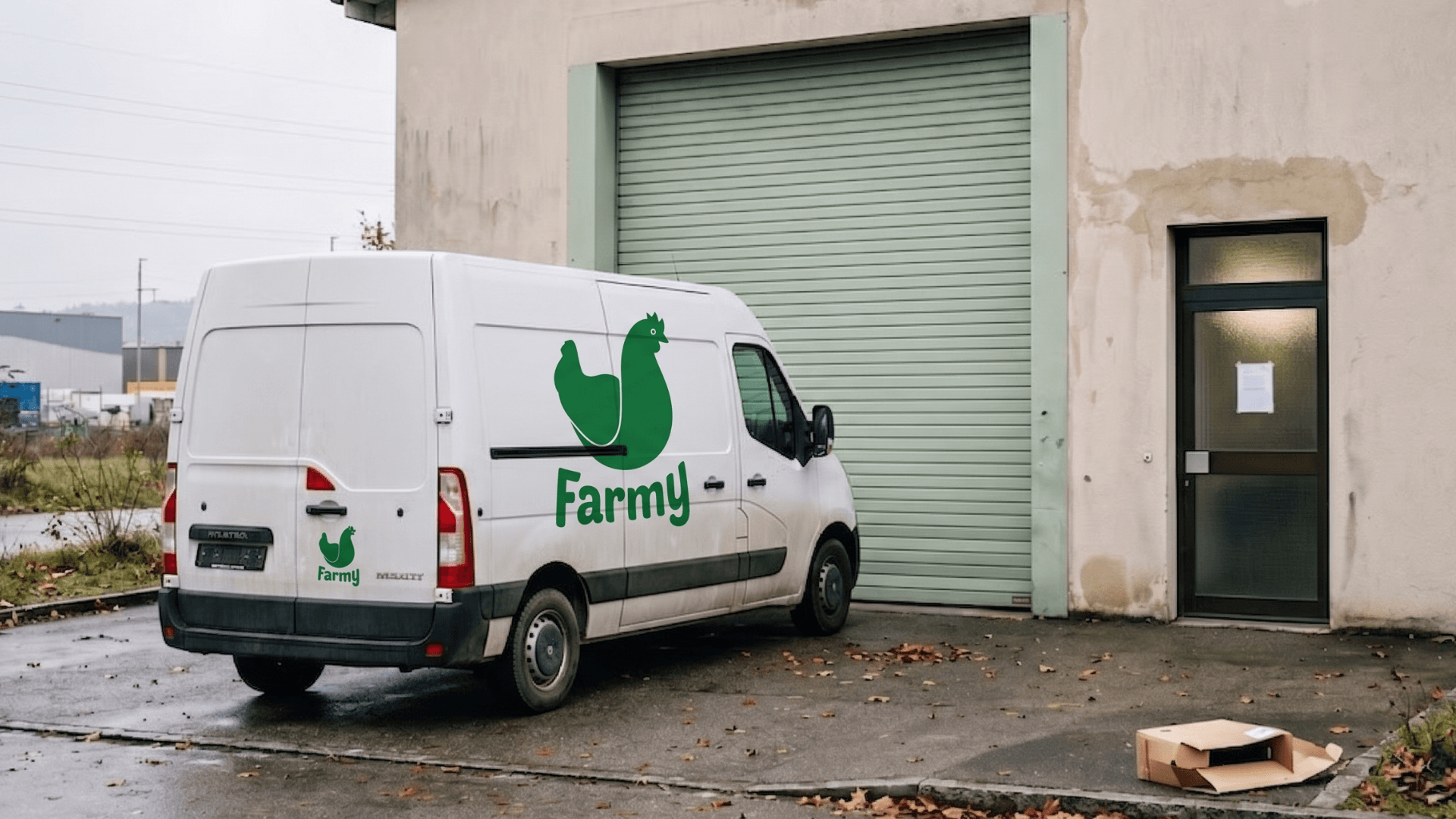 A Farmy delivery van parked outside a Zurich warehouse with a "we have ceased operations" notice in the window