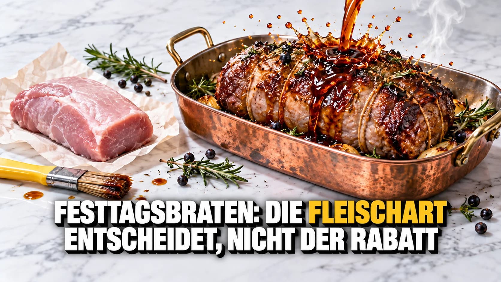 Bernsteinfarbene Glasur fliesst über einen gebundenen Braten in einer Kupferform.