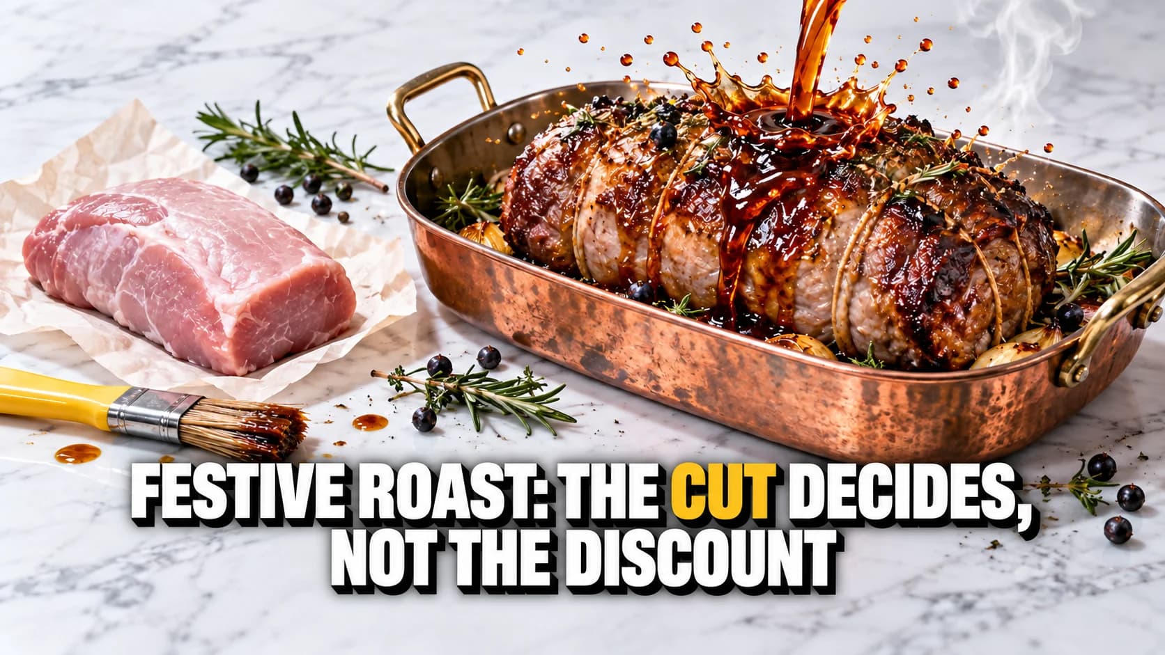 Amber glaze pours over a tied roast in a copper roasting pan.
