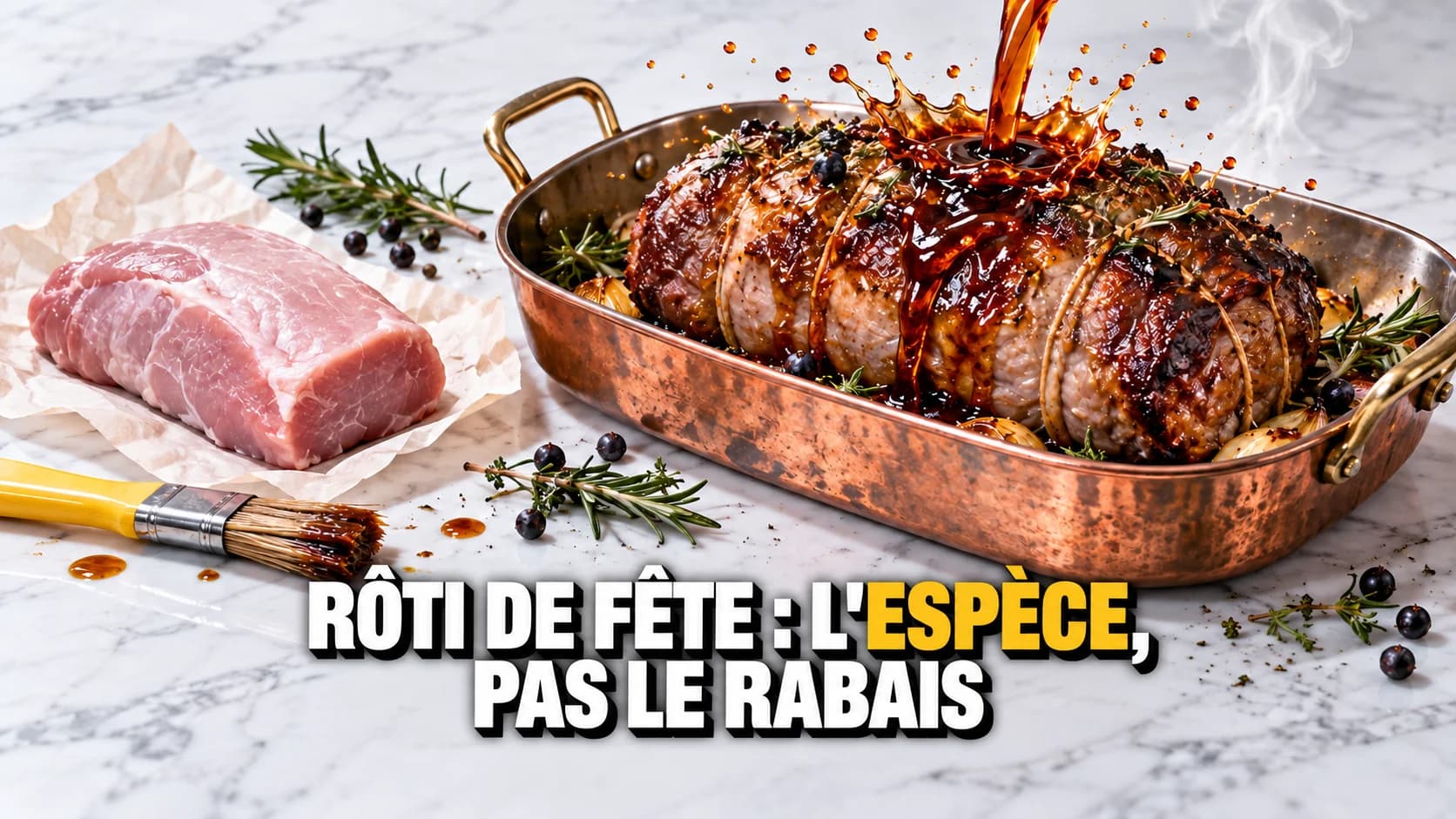 Un glaçage ambré coule sur un rôti ficelé dans un plat en cuivre.