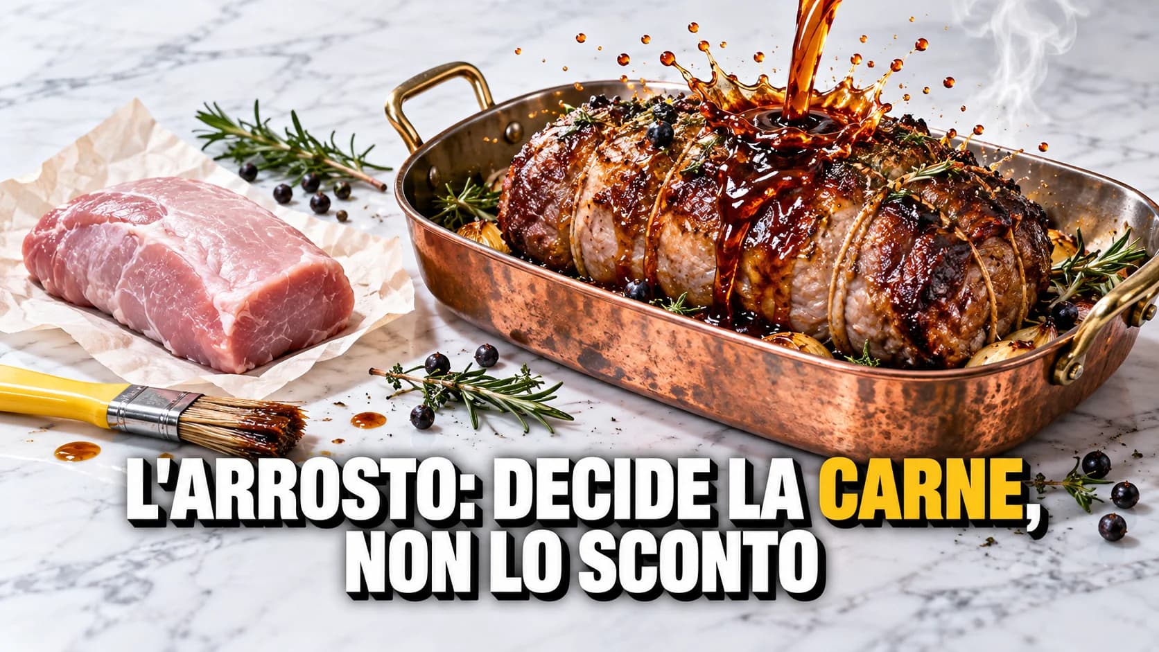 Glassa ambrata versata su un arrosto legato in una teglia di rame, accanto un taglio chiaro asciutto su carta da macellaio