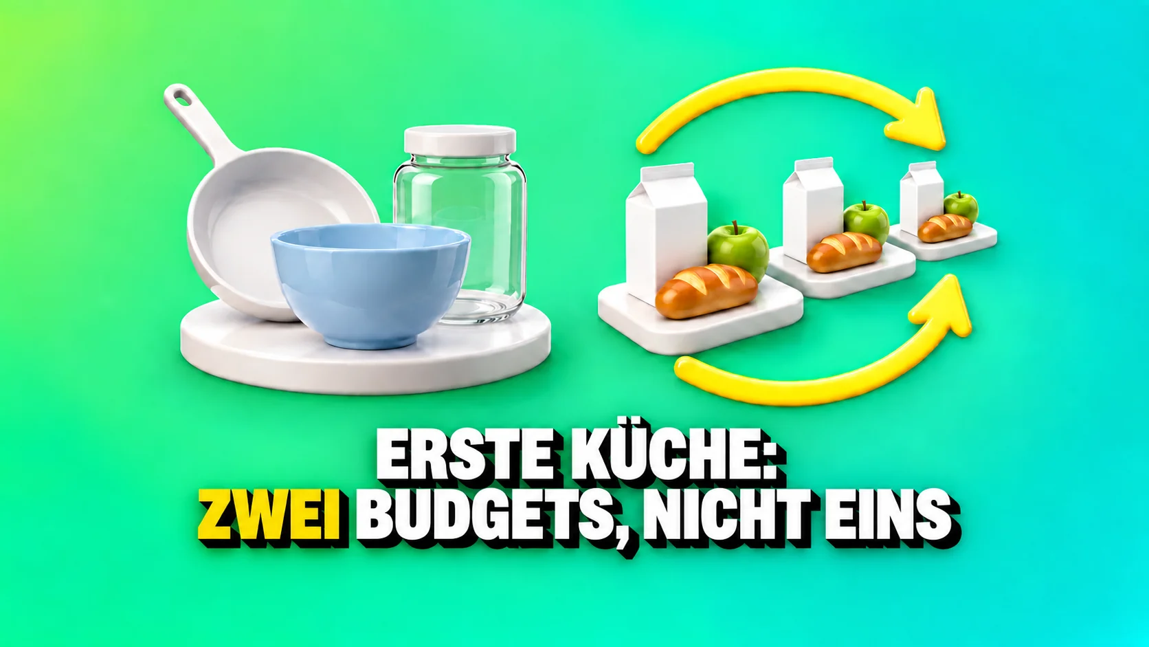 Küchenutensilien auf einem Sockel mit drei Lebensmittelkarten und gelben Pfeilen.