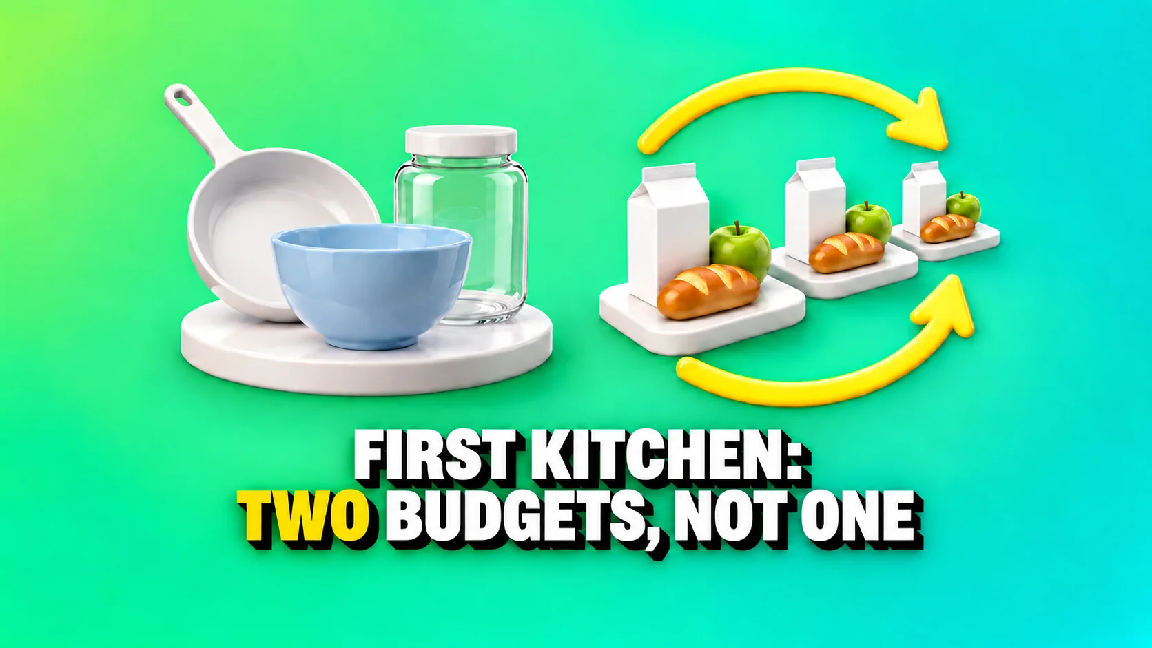 Kitchen equipment on a pedestal with three food cards and yellow arrows.