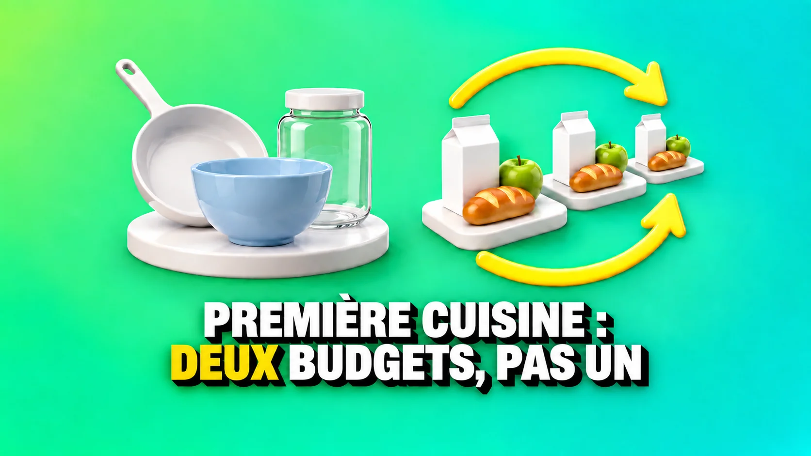 Ustensiles de cuisine sur un socle, trois cartes d’aliments et flèches jaunes.