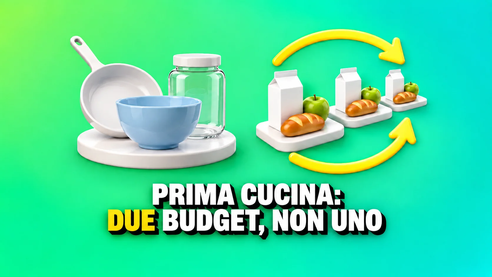 Utensili da cucina su un piedistallo e tre tessere con alimenti e frecce gialle.