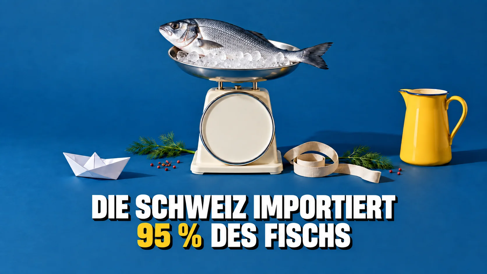 Ein ganzer Fisch auf einer Küchenwaage mit leerem Zifferblatt, daneben ein Papierschiffchen