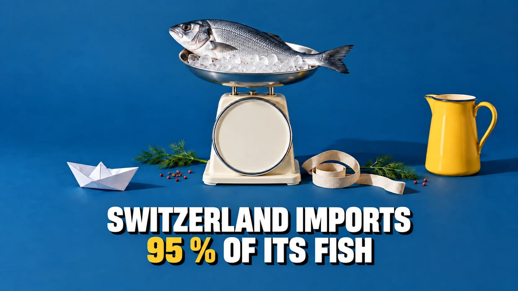 A whole fish on a kitchen scale with a blank dial, beside a folded paper boat