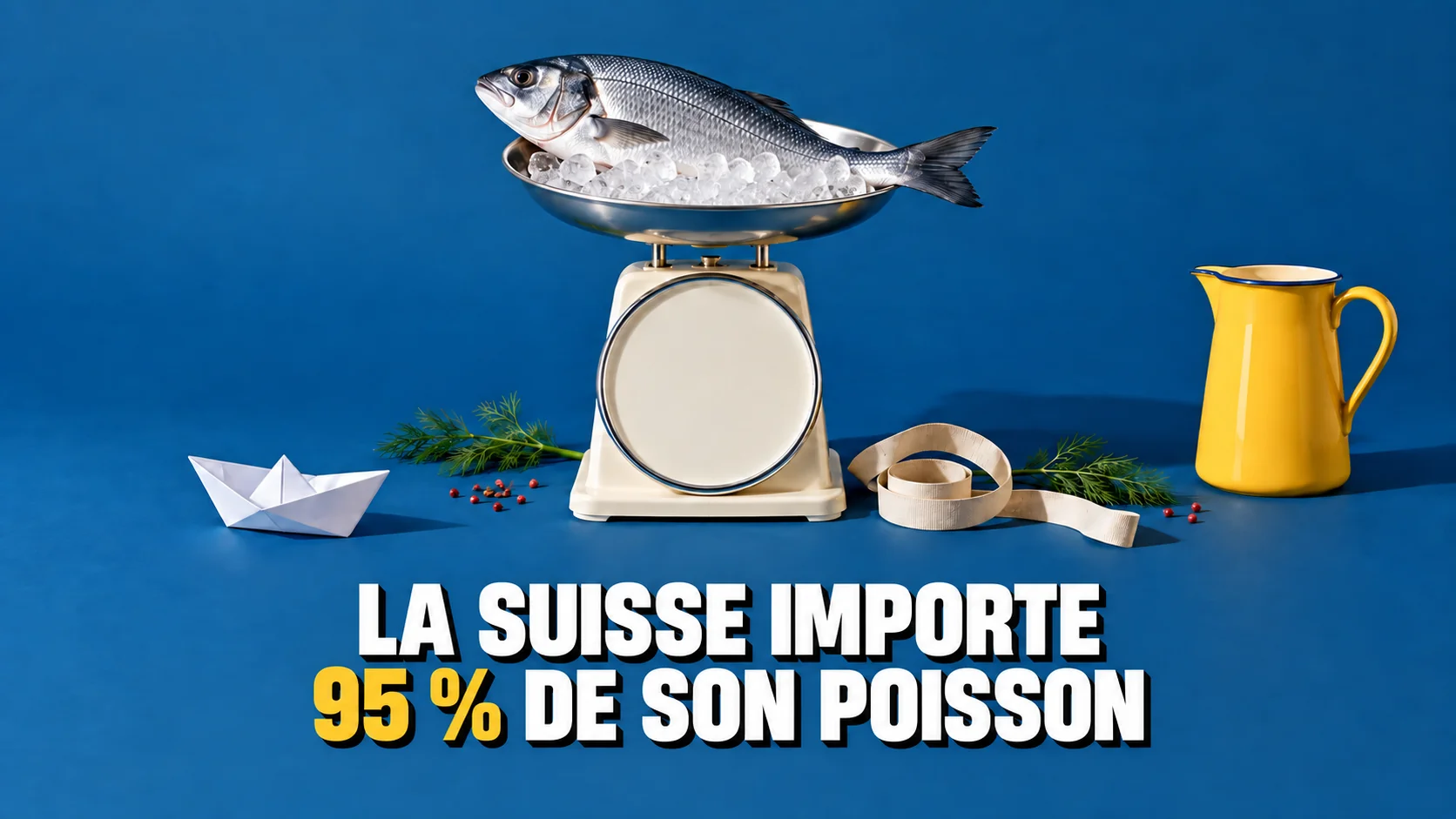 Un poisson entier sur une balance de cuisine au cadran vierge, à côté un bateau en papier