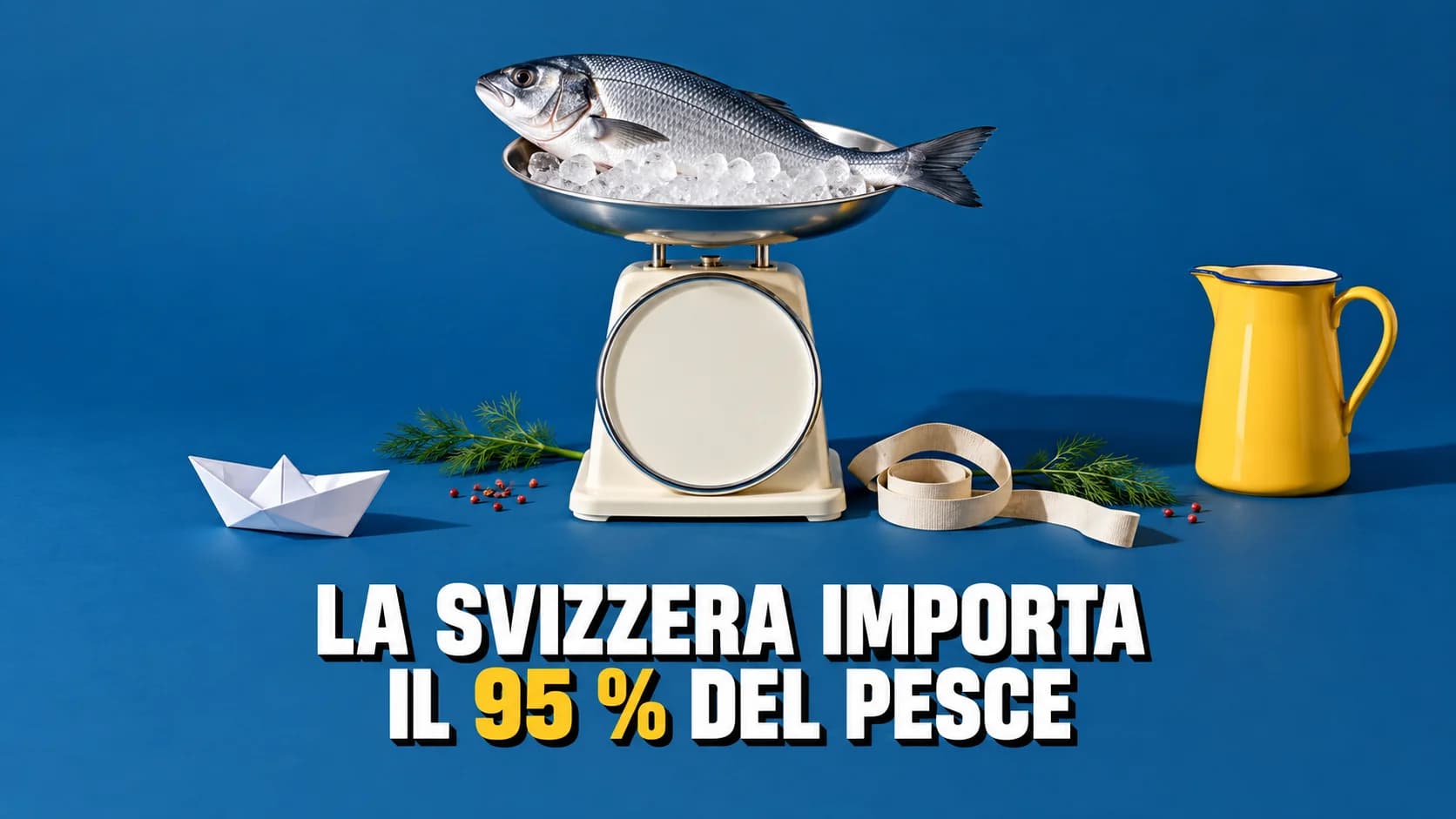 Un pesce intero su una bilancia da cucina dal quadrante vuoto, accanto una barchetta di carta
