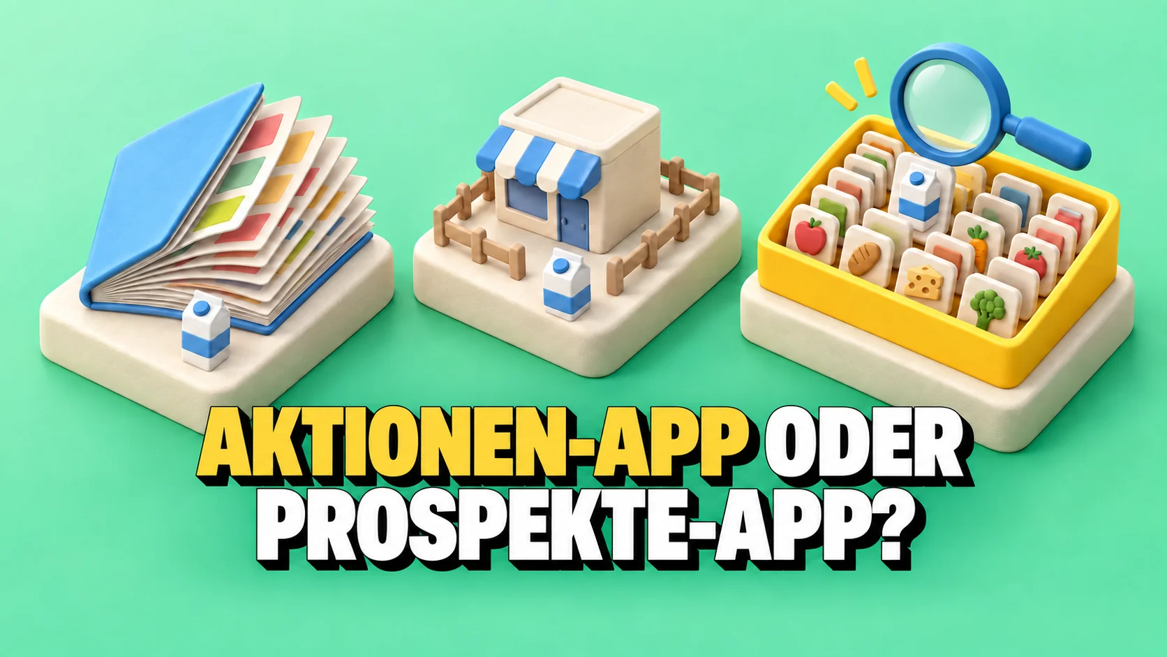 Knet-Diorama mit aufgefächertem Heft, umzäuntem Laden und Produkttablett unter einer Lupe.