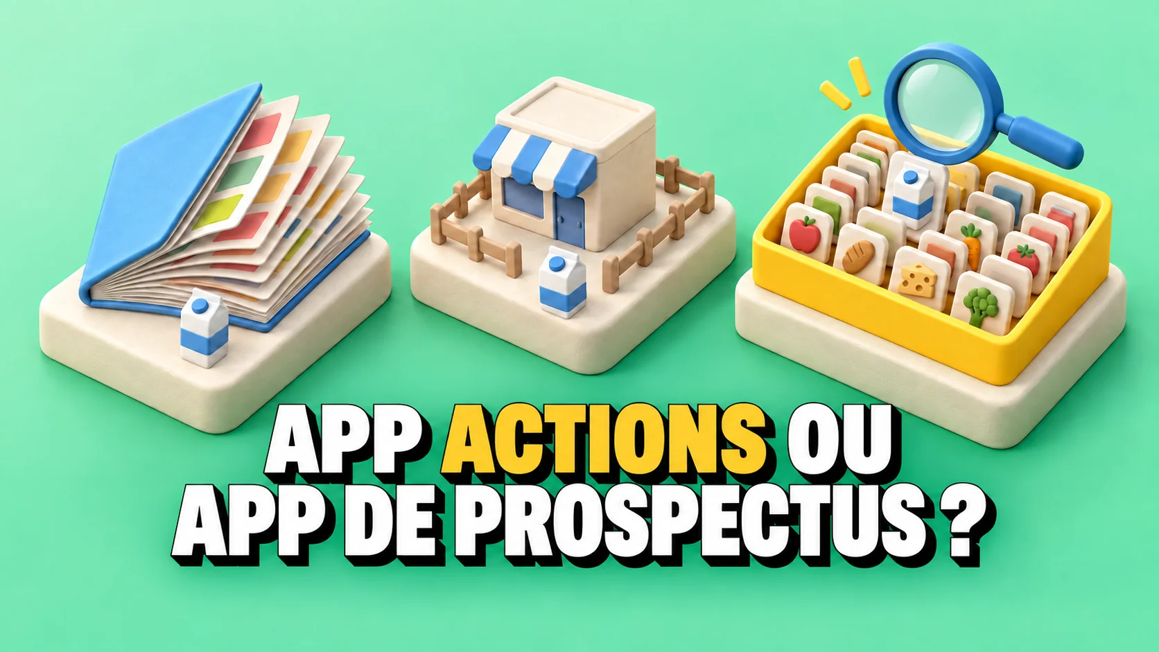 Diorama avec livret déployé, boutique clôturée et plateau de produits sous une loupe.