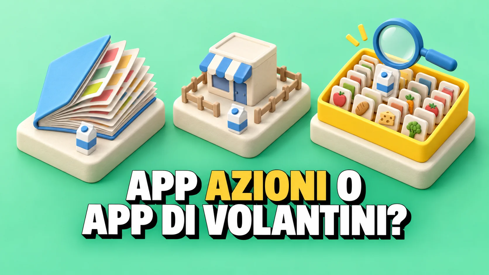 Diorama isometrico in plastilina: un libretto con le pagine aperte a scalinata, un negozietto chiuso da una recinzione e un vassoio giallo con tante piastrelle di prodotti in fila sotto una lente