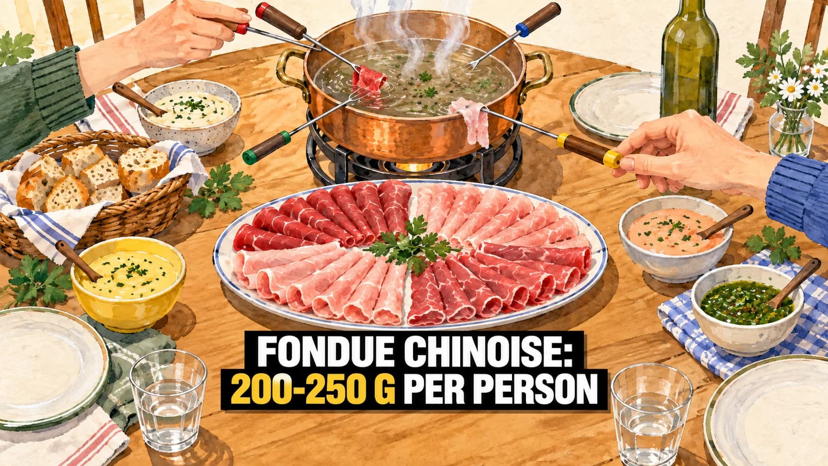 Gouache table scene with broth, four fondue forks and four fans of sliced meat.