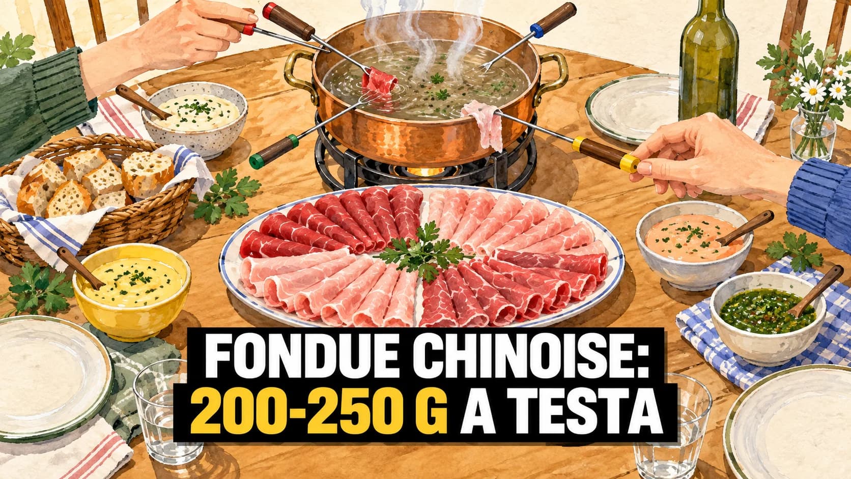 Illustrazione a gouache di una tavola con pentola di brodo, quattro forchette lunghe e carne a fettine divisa in quattro ventagli
