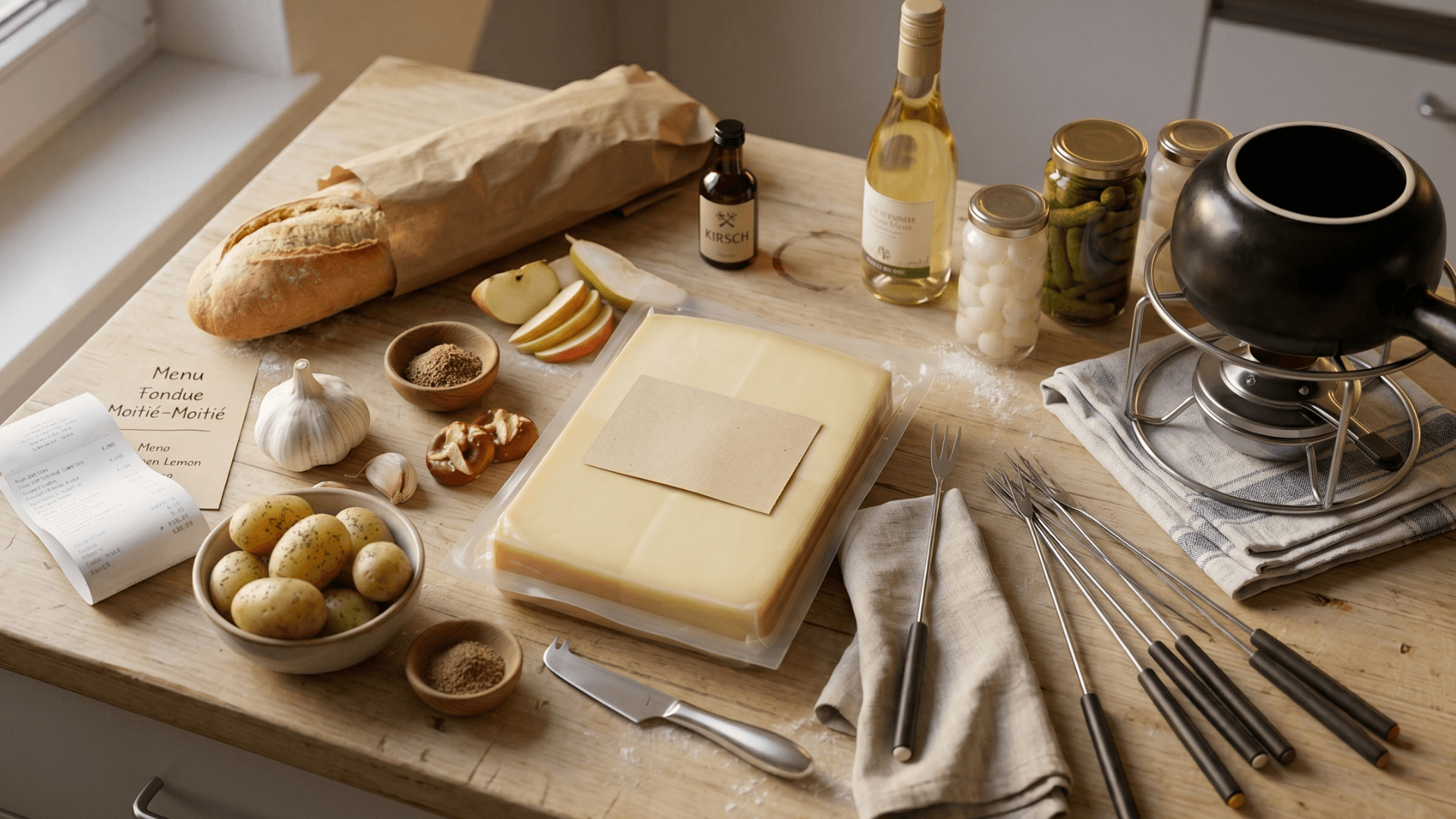 Stilisiertes Caquelon mit CHF-Preisschild, Gabel, Brotwürfel und Weinglas