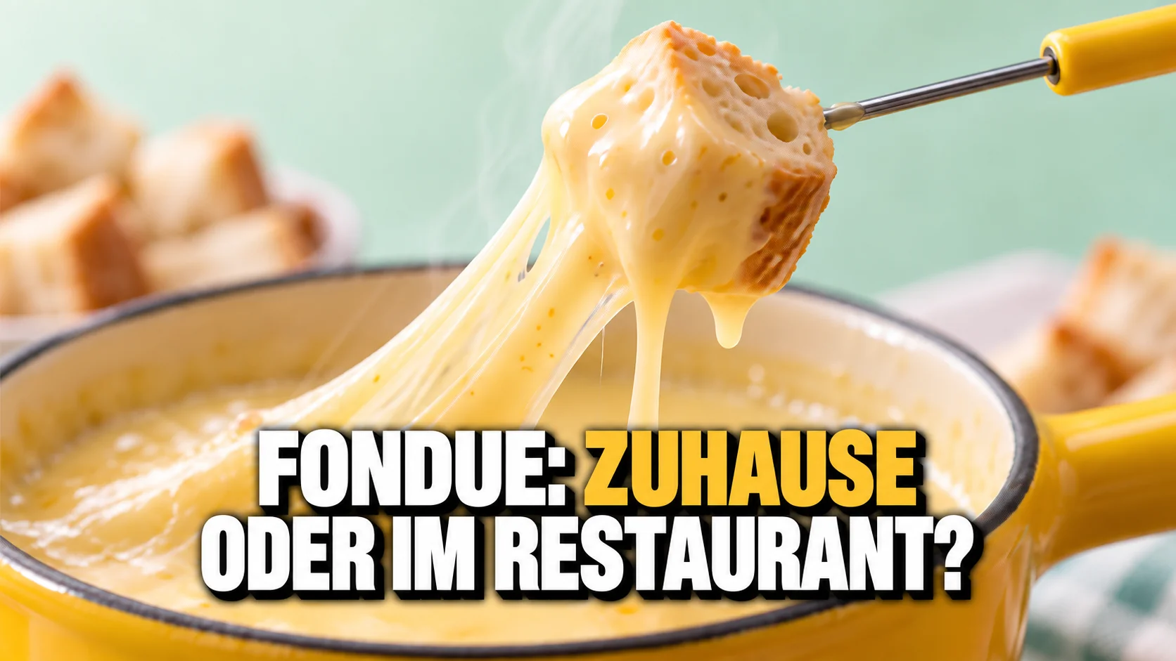 Eine Fonduegabel hebt einen Brotwürfel mit einem Faden geschmolzenem Käse an.