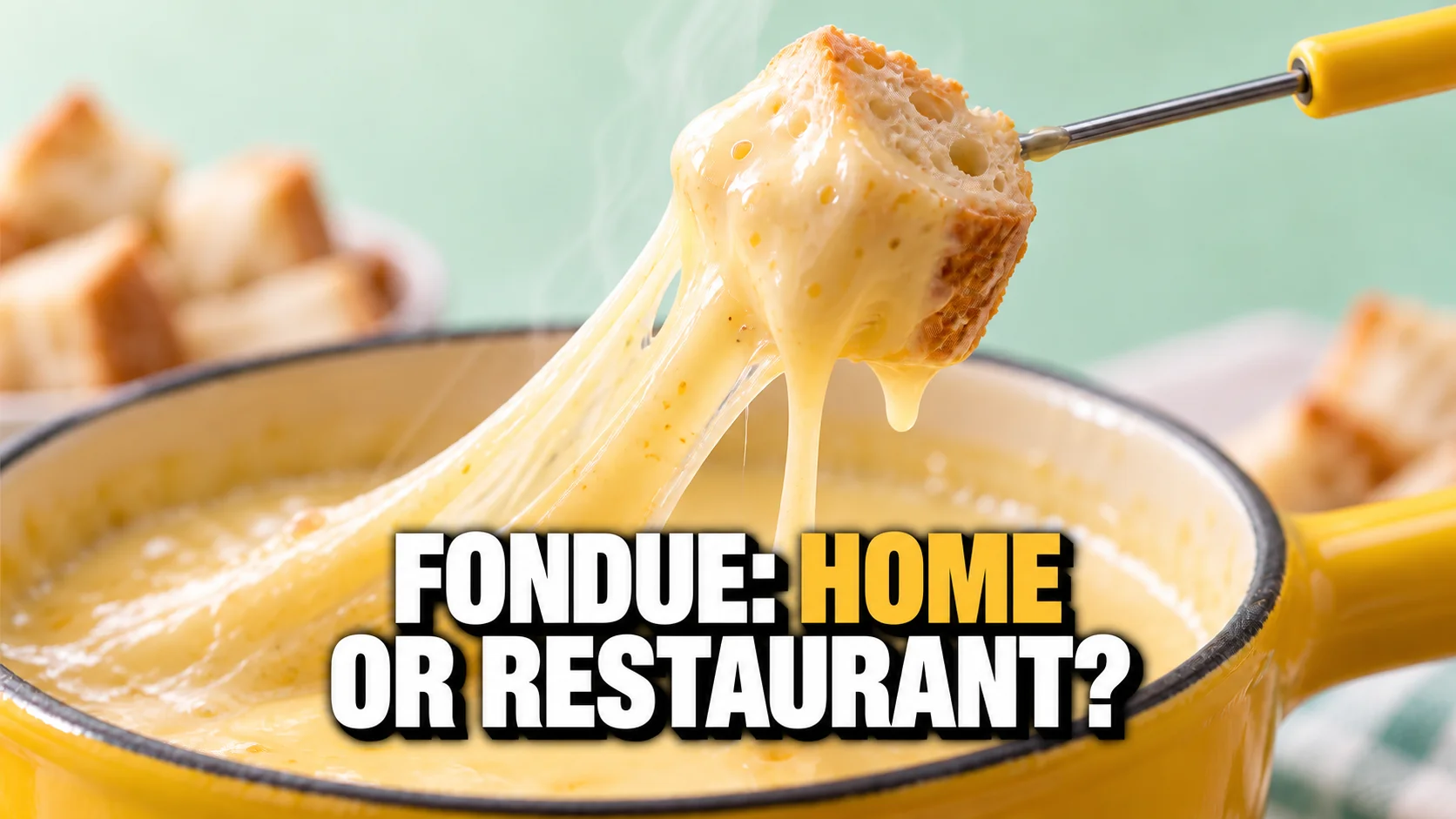 A fondue fork lifts a bread cube with a strand of melted cheese.
