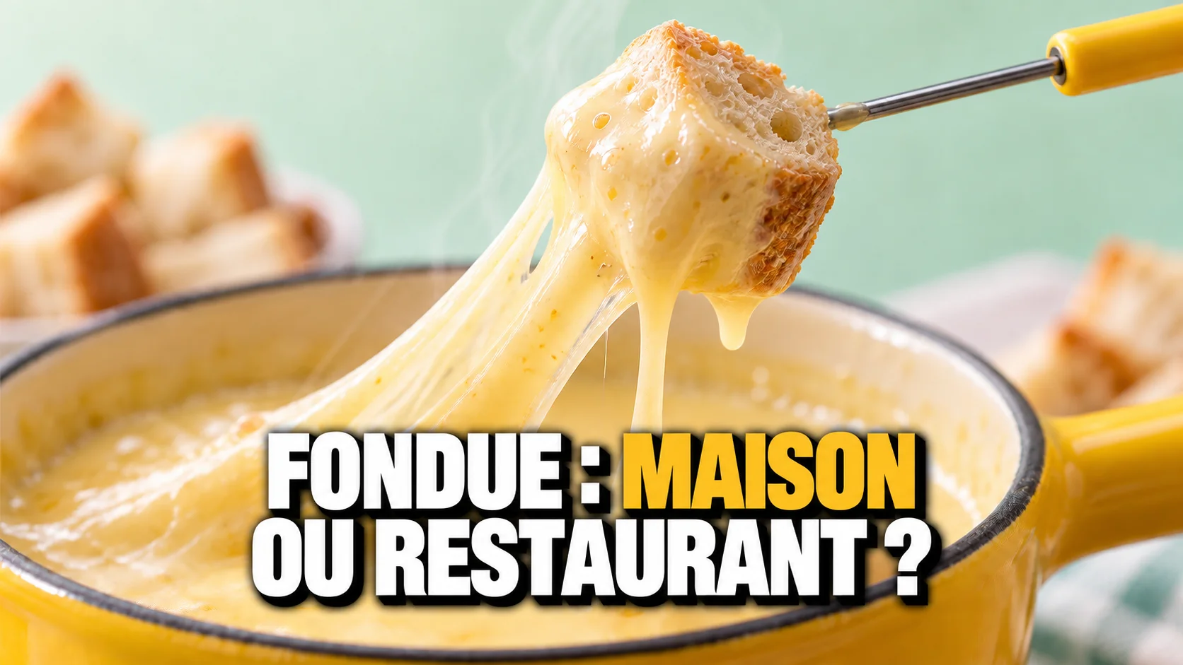 Une fourchette à fondue soulève un cube de pain avec un fil de fromage fondu.