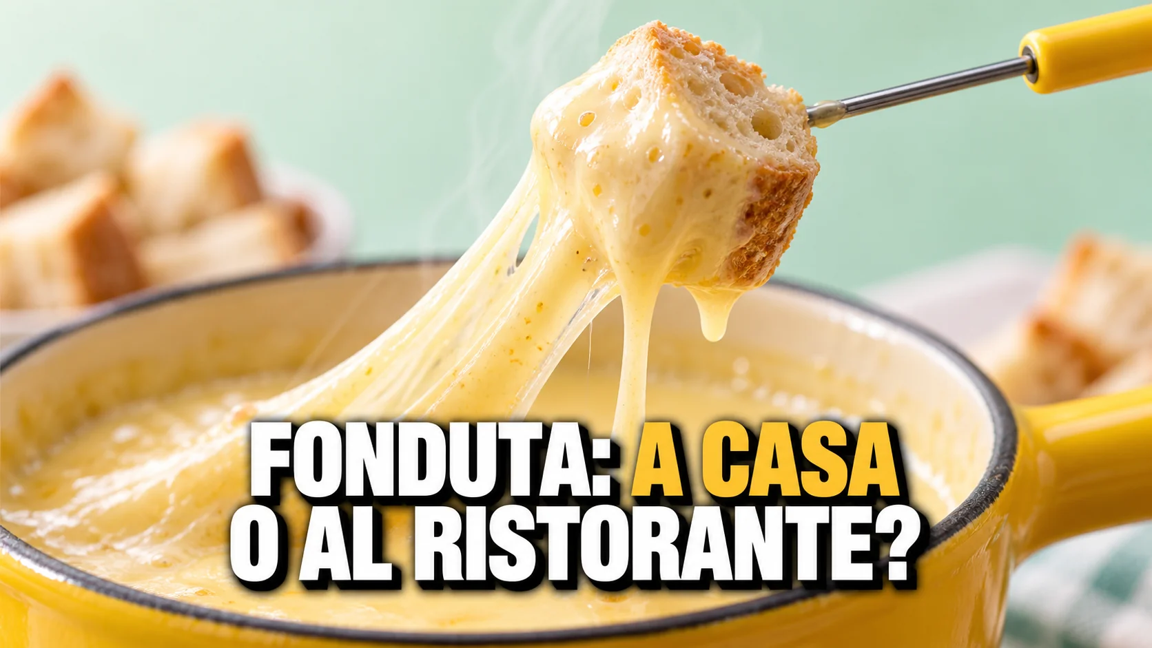 Macro di una forchetta da fonduta che solleva un cubetto di pane con un filo di formaggio fuso che cola