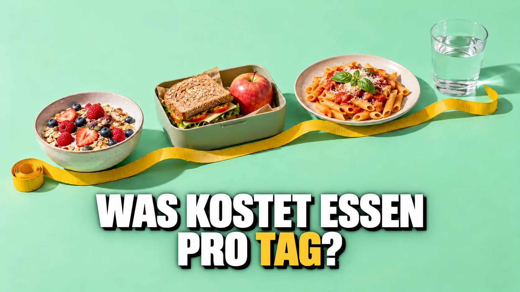 Gelbes Schneidermassband, entlang dessen Frühstück, Mittagessen und Abendessen einer Person liegen
