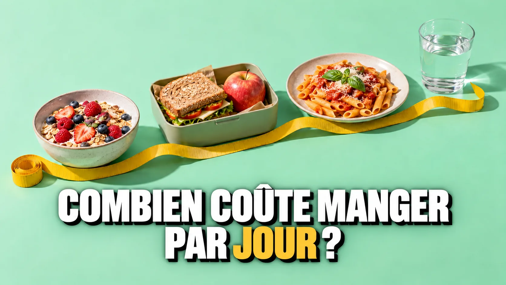 Mètre ruban jaune le long duquel sont posés le petit-déjeuner, le dîner et le souper d’une personne