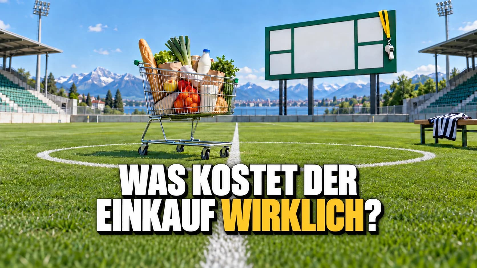 Einkaufswagen auf dem Mittelpunkt eines grünen Spielfelds vor einer leeren Anzeigetafel.