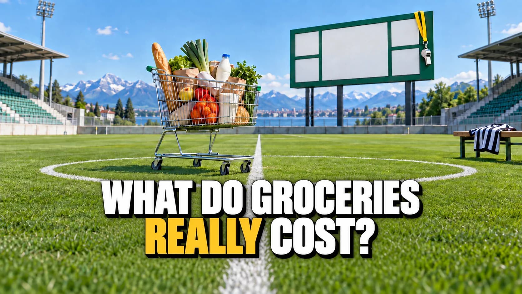 Shopping trolley at the centre of a green playing field beneath a blank scoreboard.