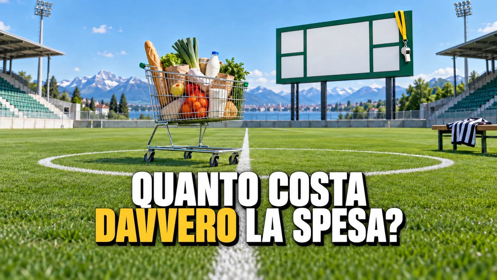 Campo verde con un tabellone dai pannelli vuoti e un carrello della spesa fermo sul dischetto di centrocampo.