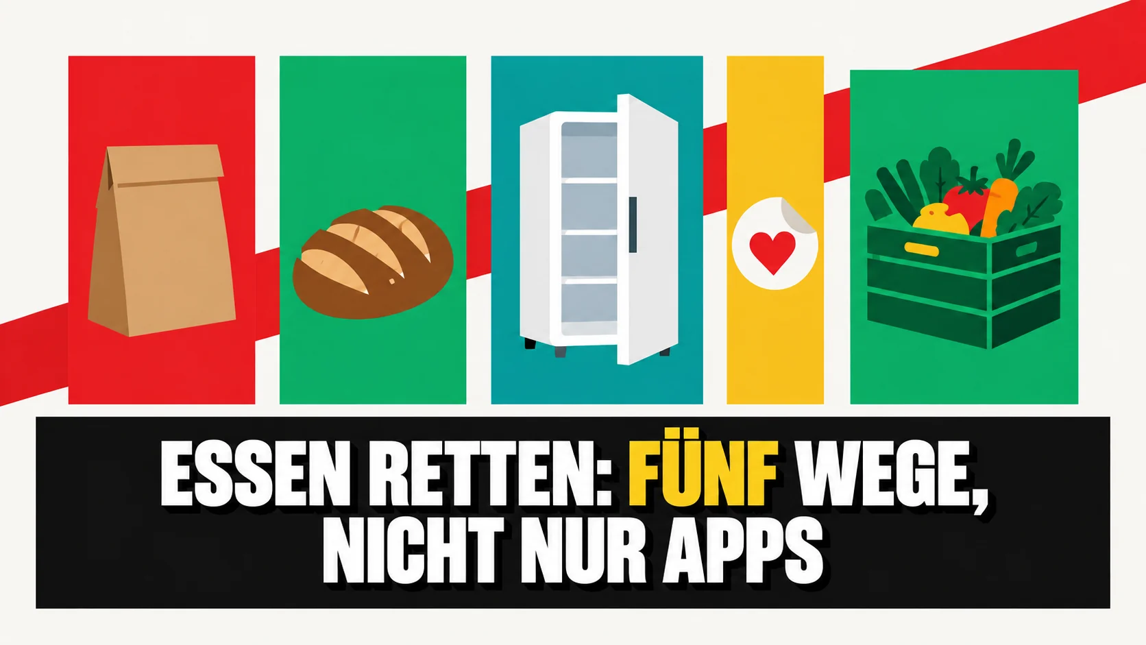 Grafikplakat mit fünf farbigen Feldern und Symbolen für die Rettung von Lebensmitteln.