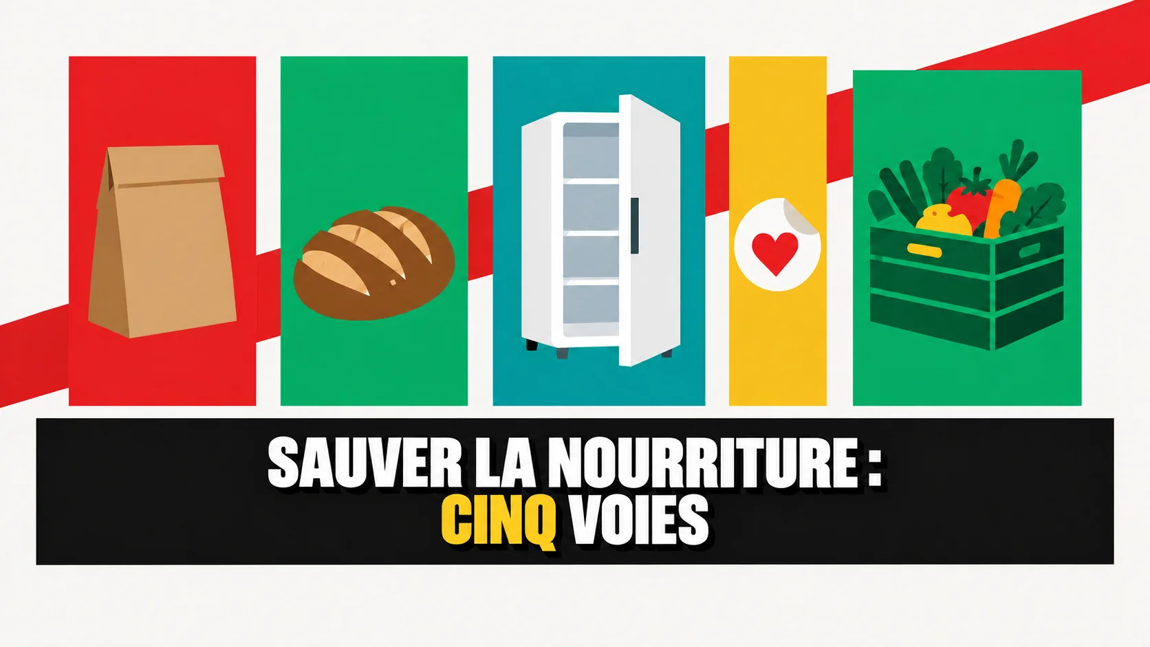 Affiche graphique à cinq blocs colorés et objets évoquant le sauvetage alimentaire.