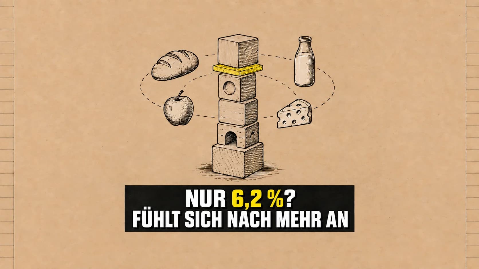 Blockturm mit dünner gelber Schicht und vier kreisenden Lebensmitteln.