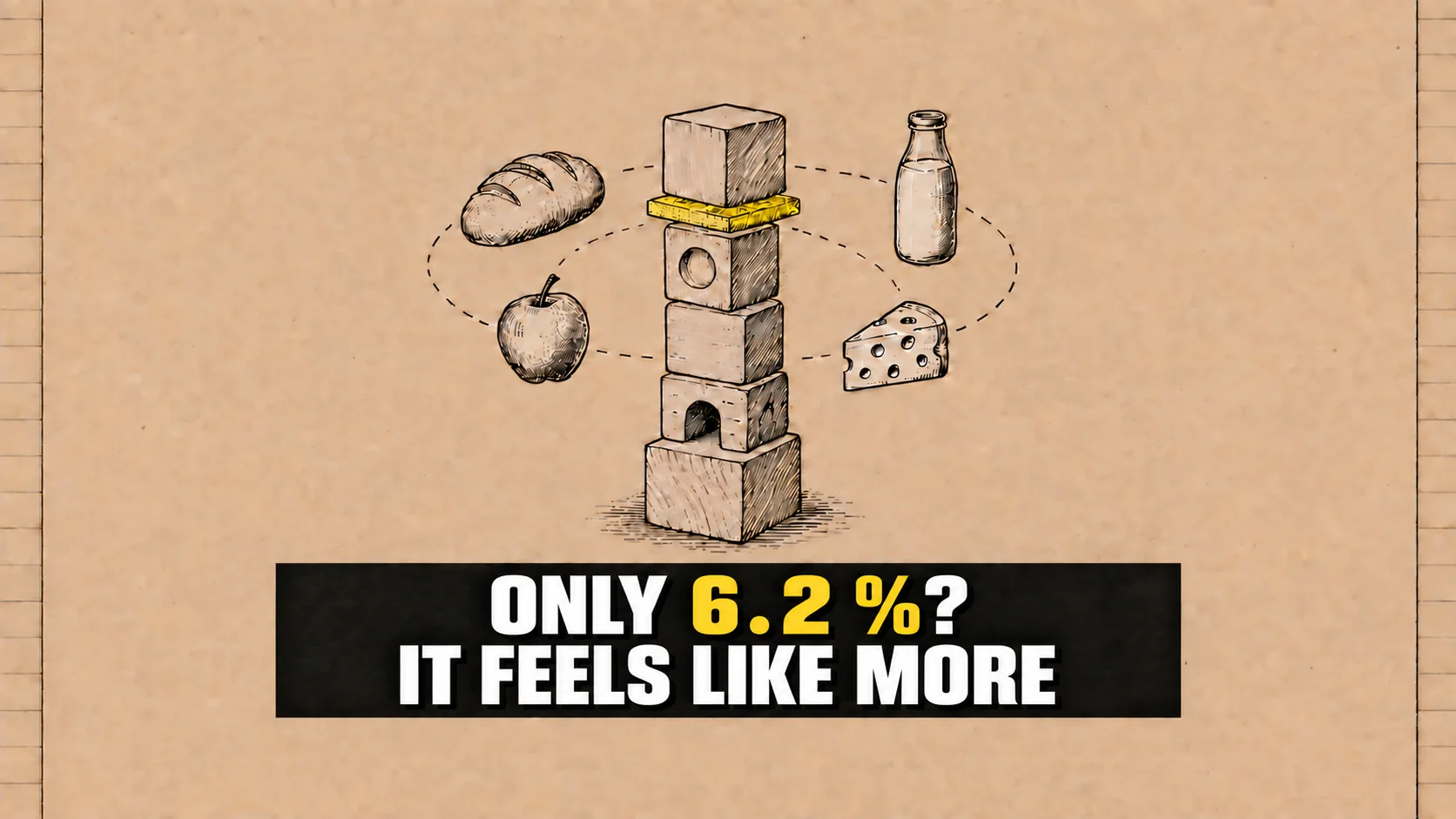 Block tower with a thin yellow layer and four orbiting foods.