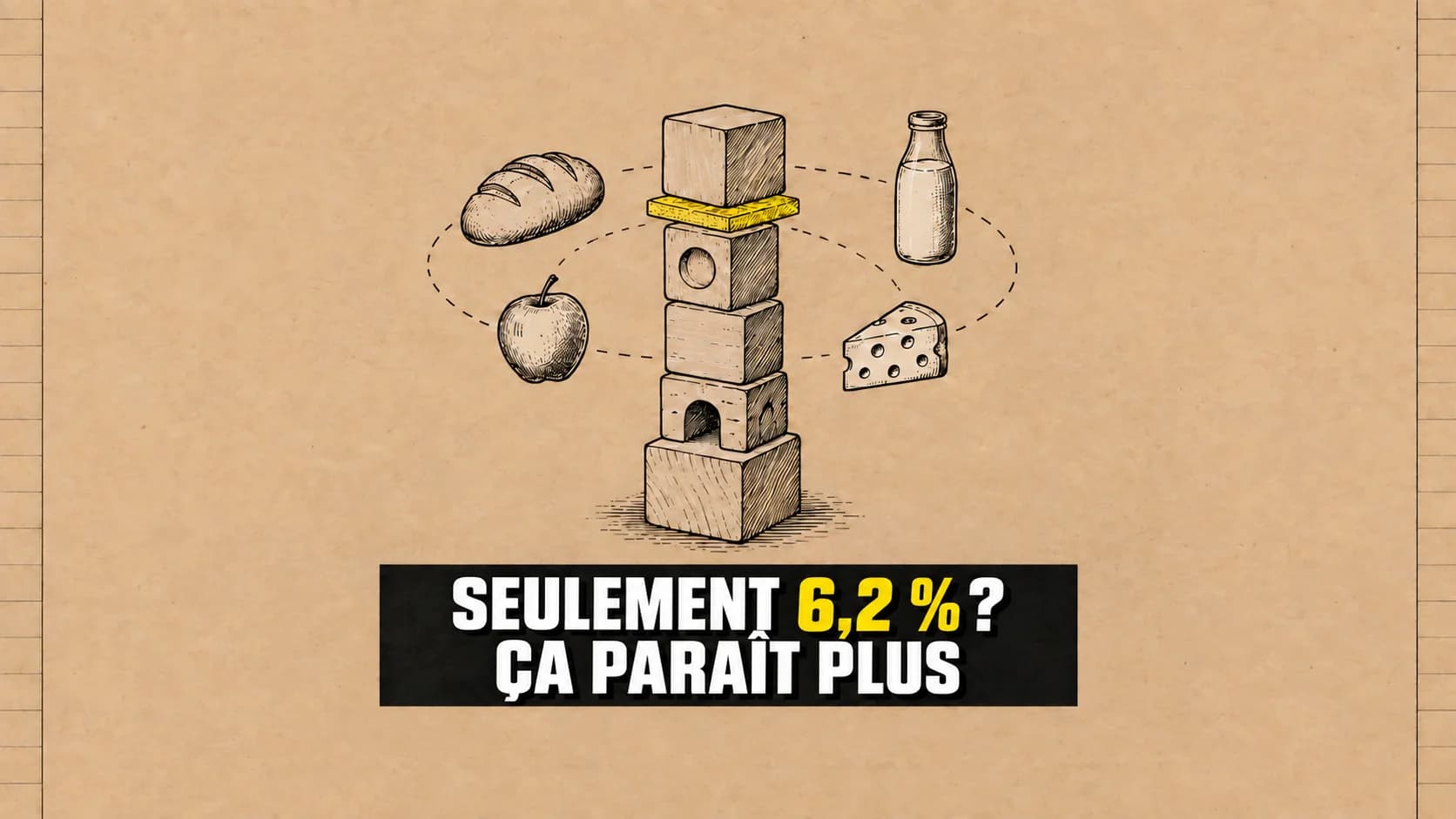 Tour de blocs avec fine couche jaune et quatre aliments en orbite.