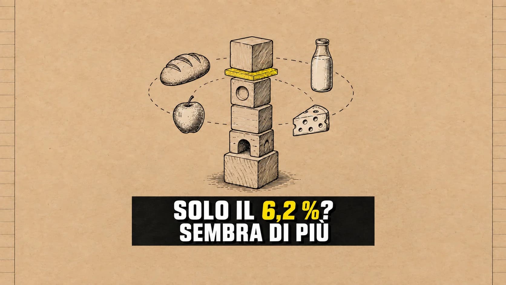 Torre di blocchi con strato giallo sottile e quattro alimenti in orbita.
