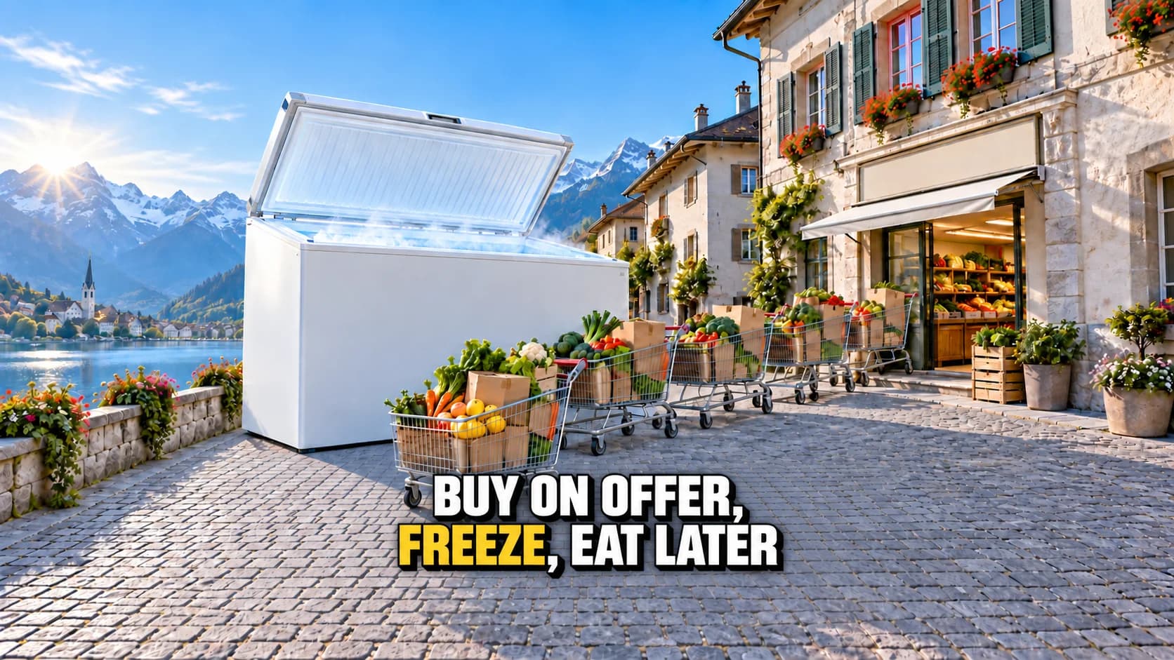 An open freezer on a bright Swiss street at dawn.