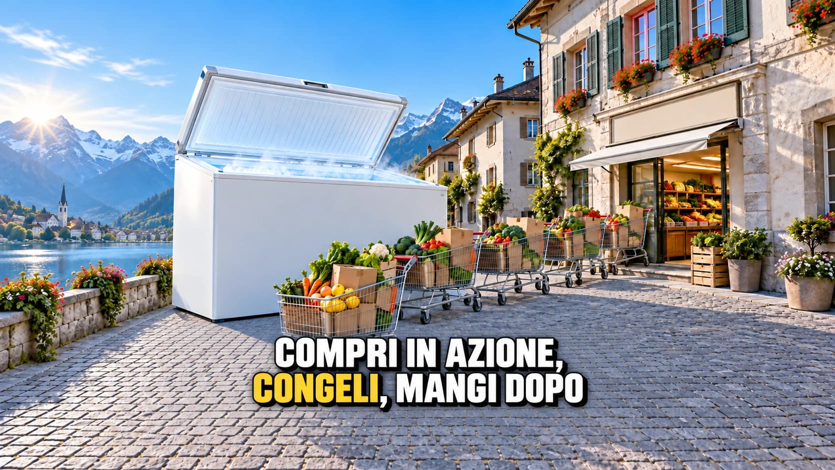 Un congelatore aperto in una luminosa strada svizzera all’alba.