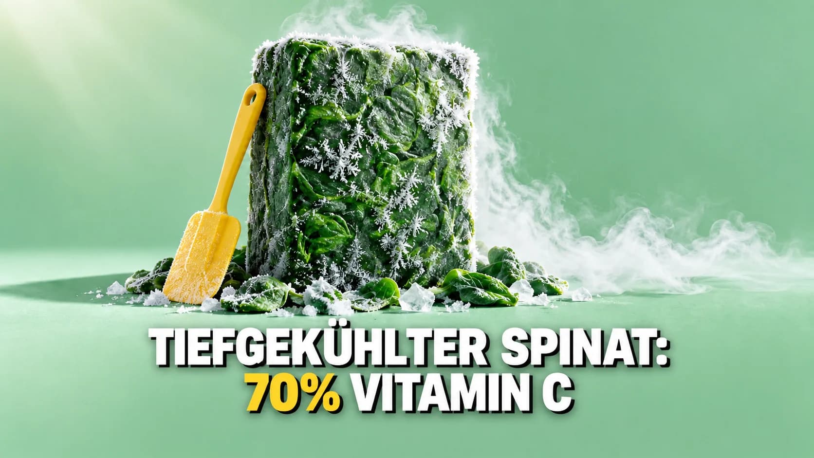 Bereifter Spinatblock mit gelbem Küchenwender vor mintgrünem Hintergrund.