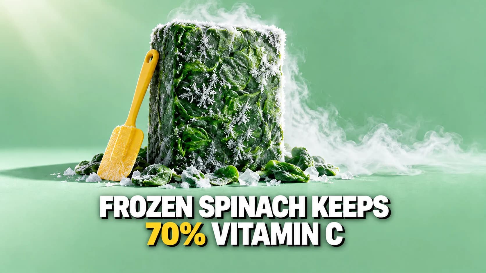 Frosted spinach block with a yellow spatula against a mint-green background.