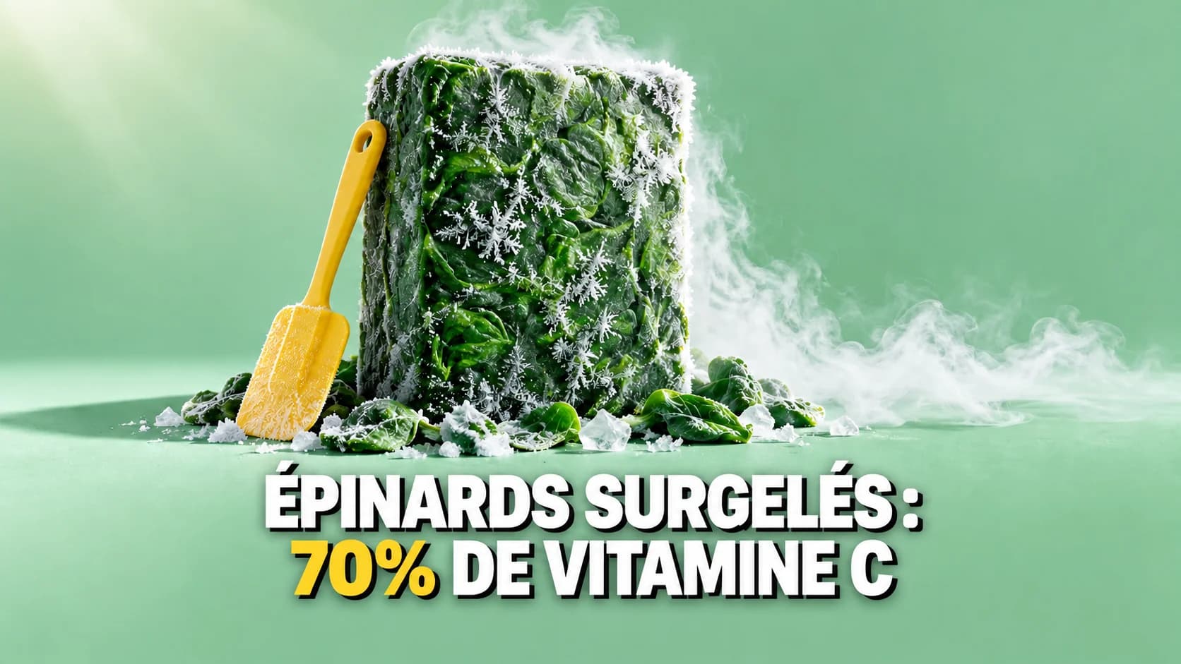 Bloc d’épinards givré avec une spatule jaune sur fond vert menthe.
