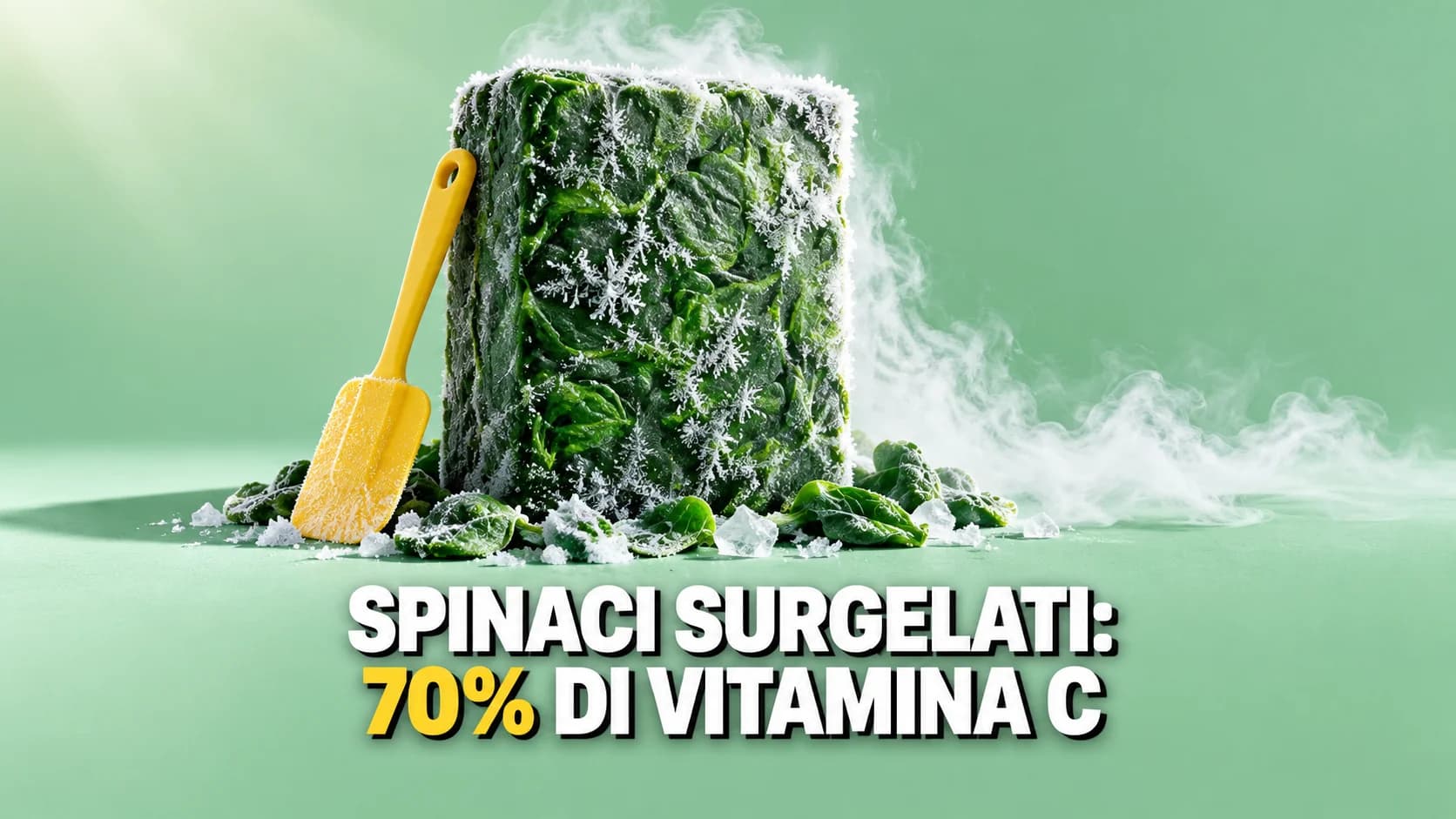 Un blocco di spinaci surgelati in piedi come un monolite verde coperto di brina, con vapore freddo che scivola sul fondo verde menta.