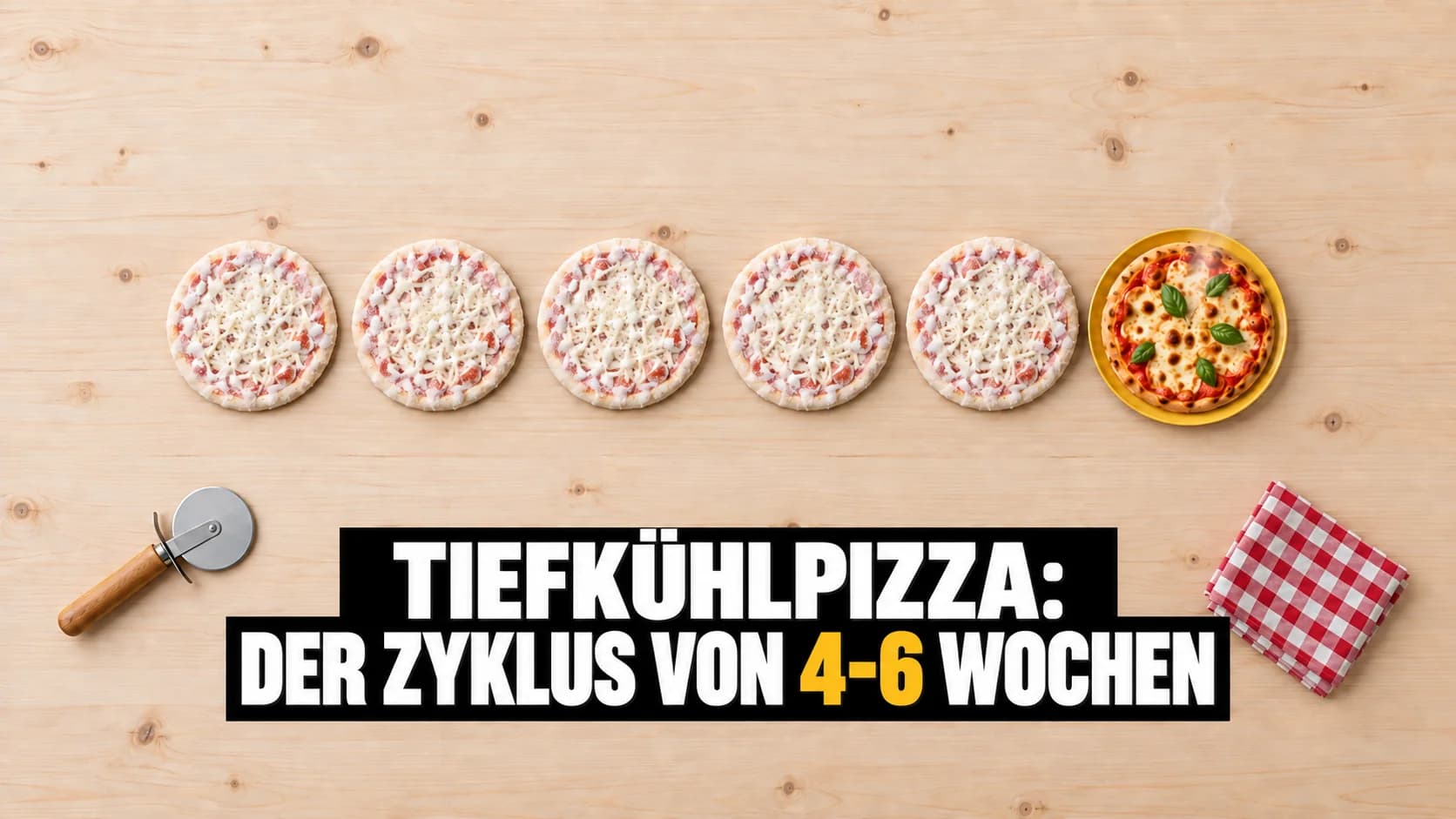 Sechs Pizzen in einer Reihe von oben, fünf gefroren und eine frisch gebacken auf gelbem Teller