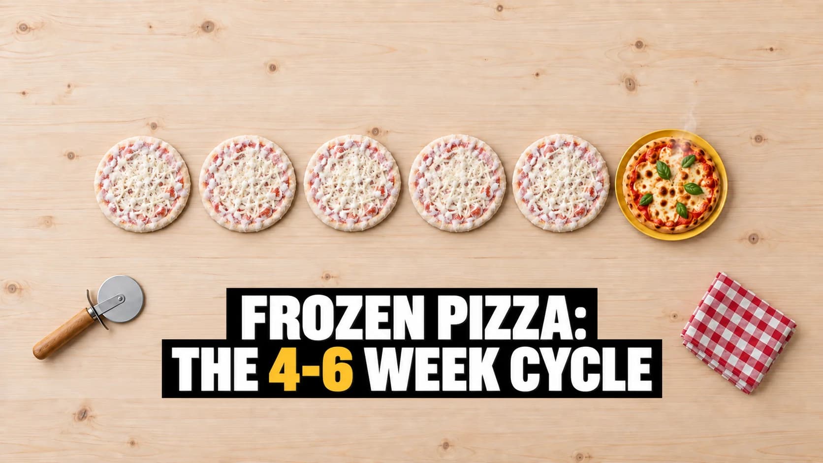 Six pizzas in a row from above, five frosted and one fresh from the oven on a yellow plate