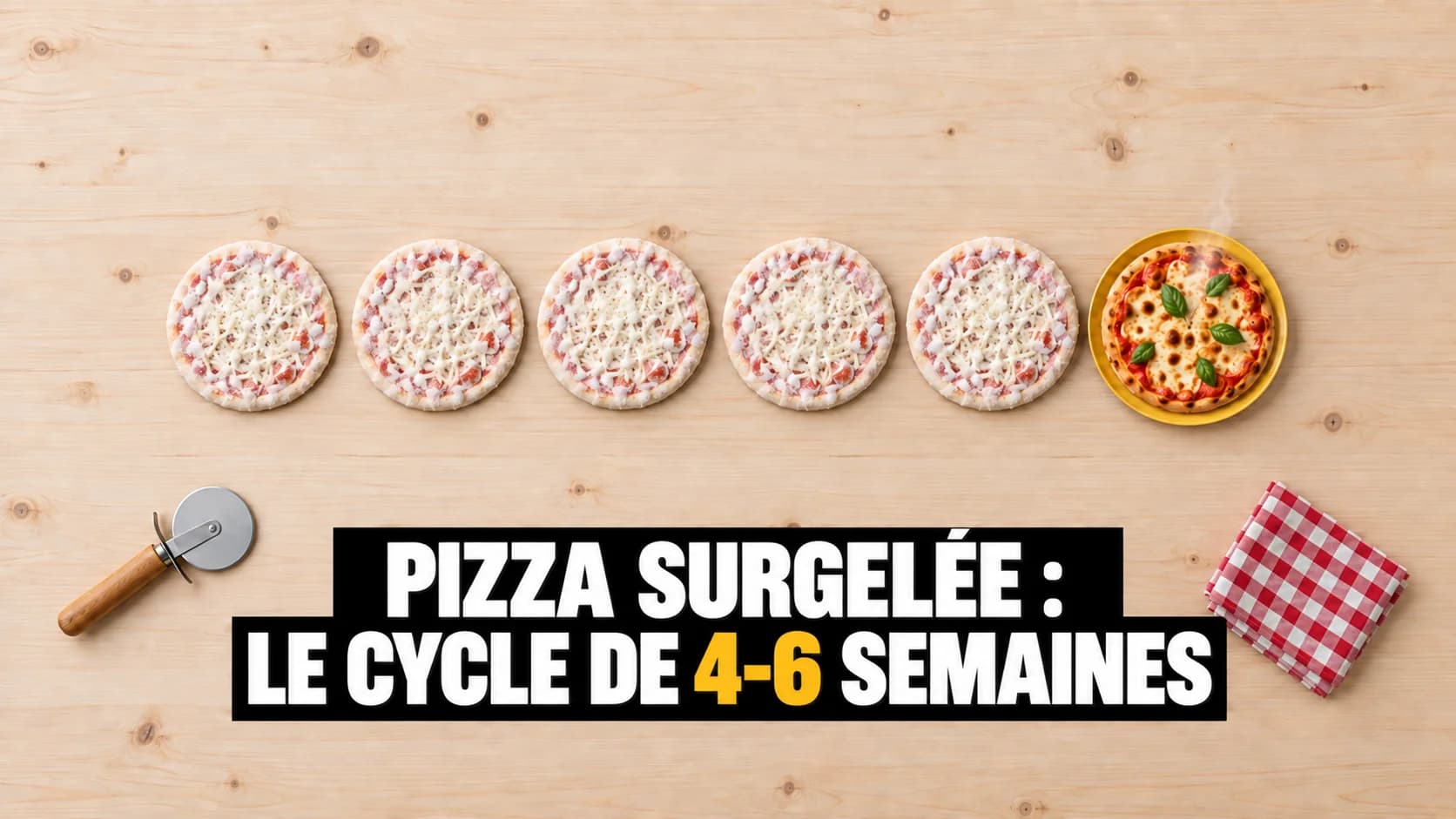 Six pizzas alignées vues du dessus, cinq givrées et une sortie du four sur une assiette jaune