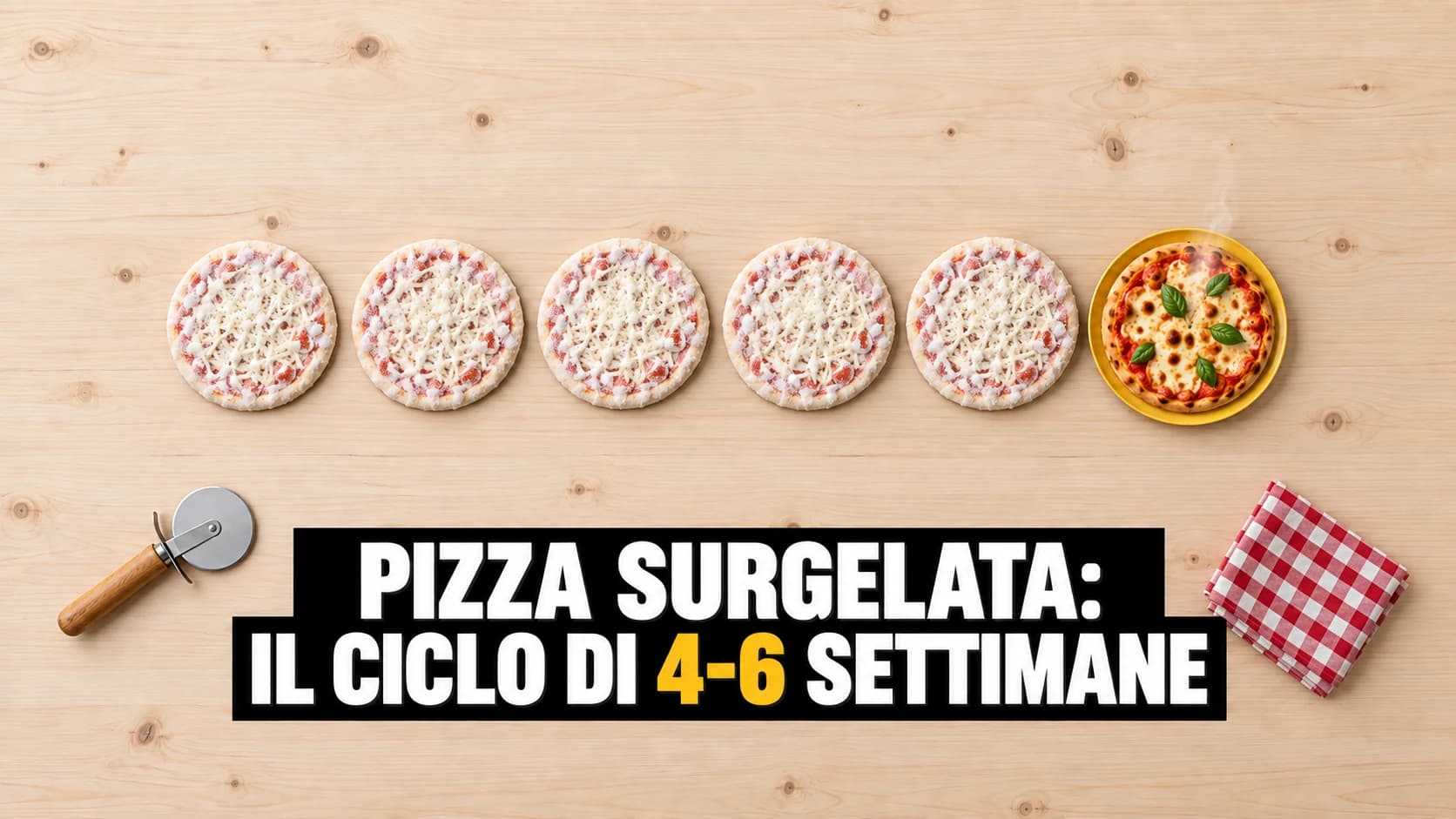 Sei pizze in fila viste dall’alto, cinque ghiacciate e una appena sfornata su un piatto giallo
