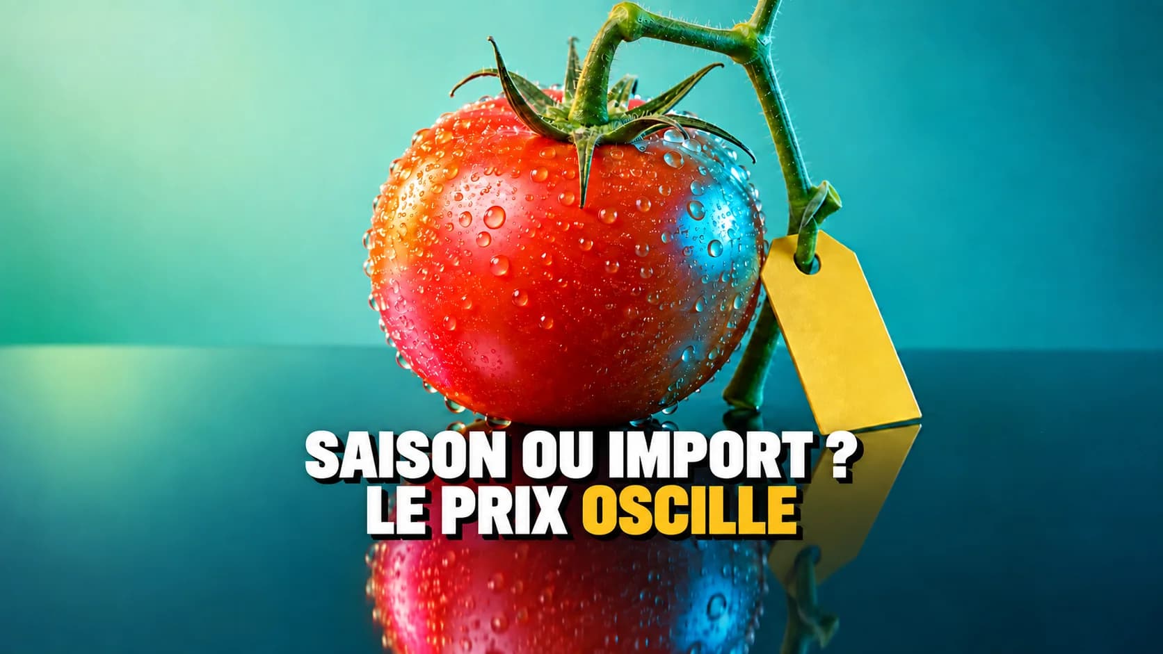 Tomate éclairée en rose et cyan sur une surface brillante.