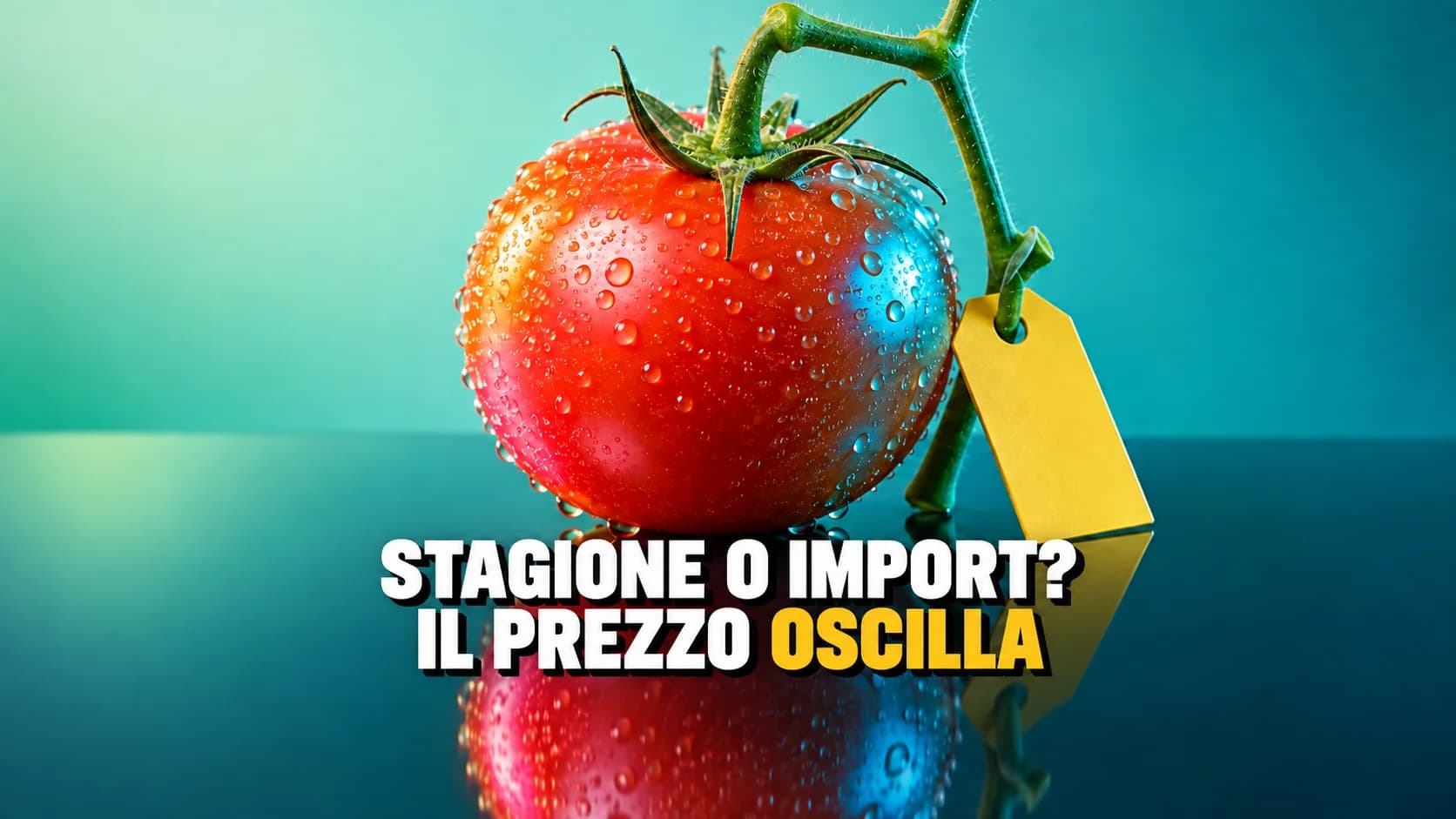 Pomodoro illuminato da luci rosa e ciano su una superficie lucida.