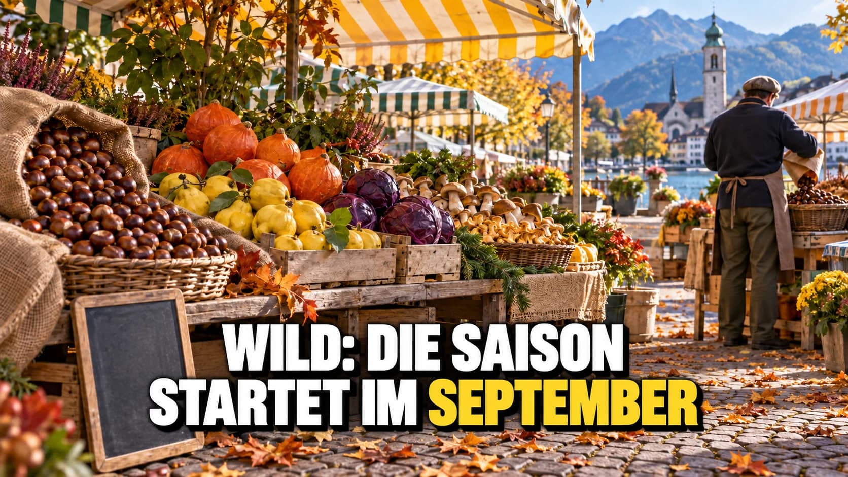 Herbstmarkt mit Kastanien, Kürbissen, Quitten und Pilzen.