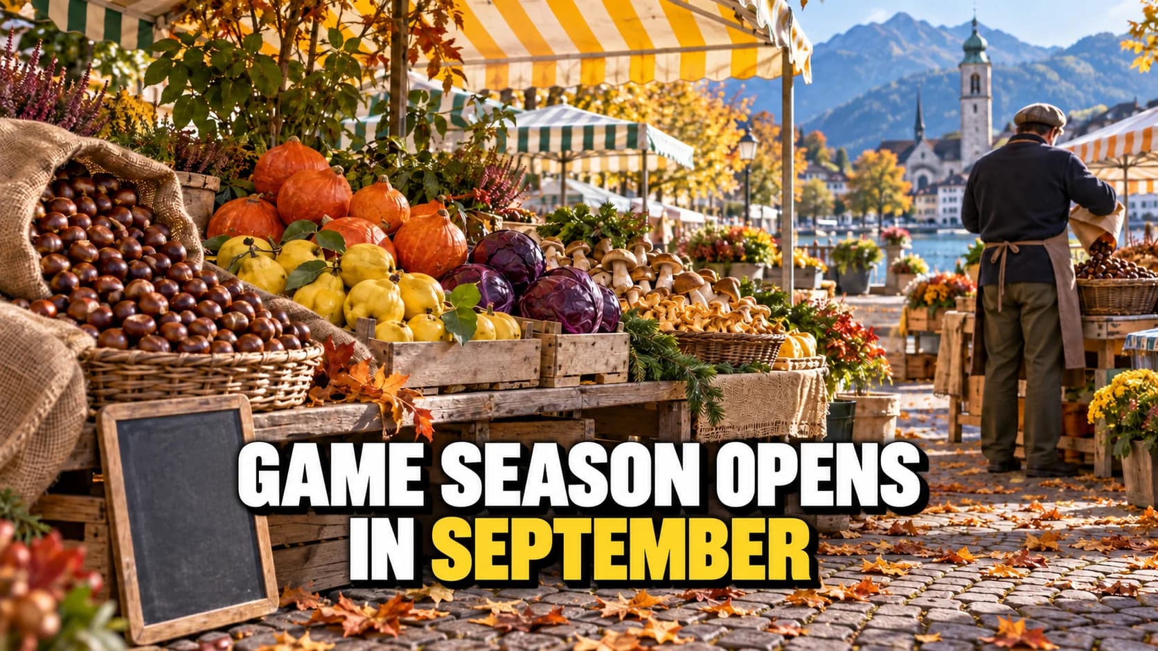 Autumn market with chestnuts, pumpkins, quinces and mushrooms.